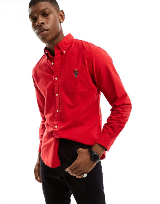 Camisa Oxford roja de corte personalizado con logo de oso de tejido cepillado de Polo Ralph Lauren ASOS