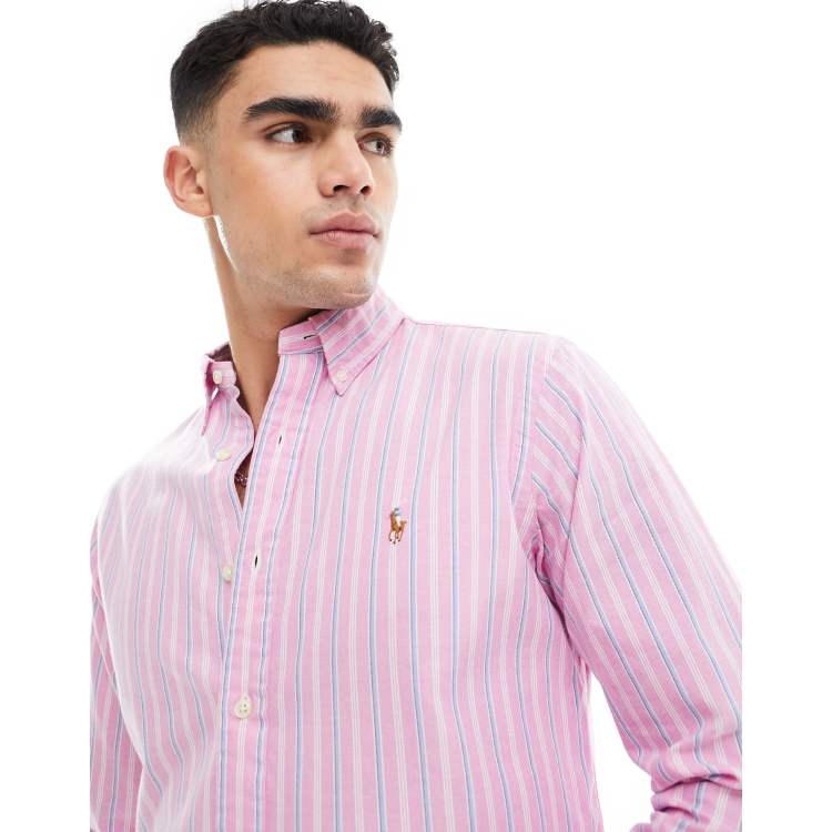 Camisa Oxford rosa a rayas azules con logo de tejido ligero de