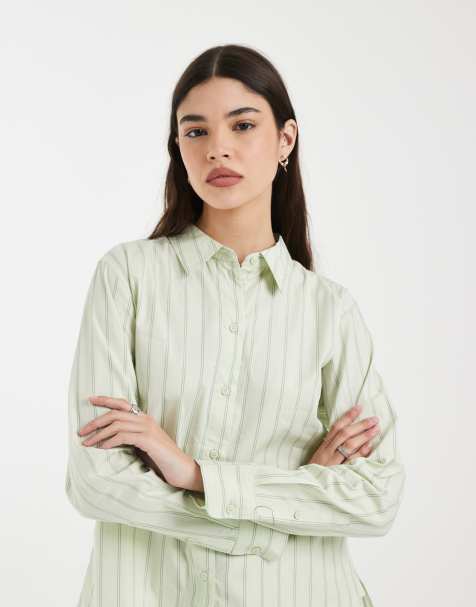 Camisa Oxford verde niebla extragrande con estampado doble a rayas de algodón de Vero Moda - view 1