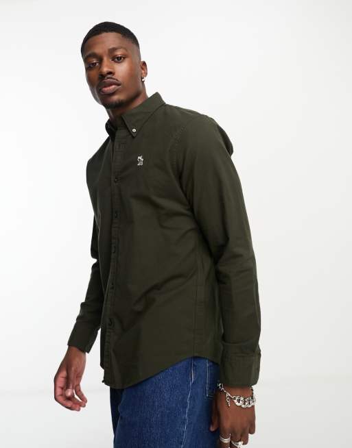 Camisa Oxford verde oliva holgada con logo en relieve de Abercrombie & Fitch