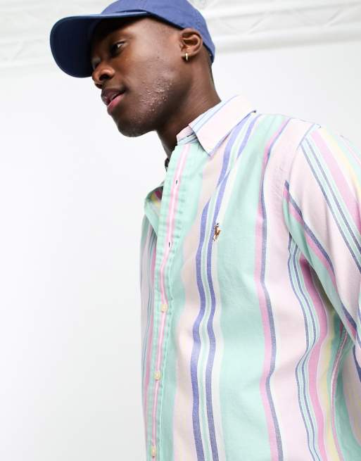 Camisa Oxford verde y rosa a rayas de corte custom con logo de Polo Ralph Lauren
