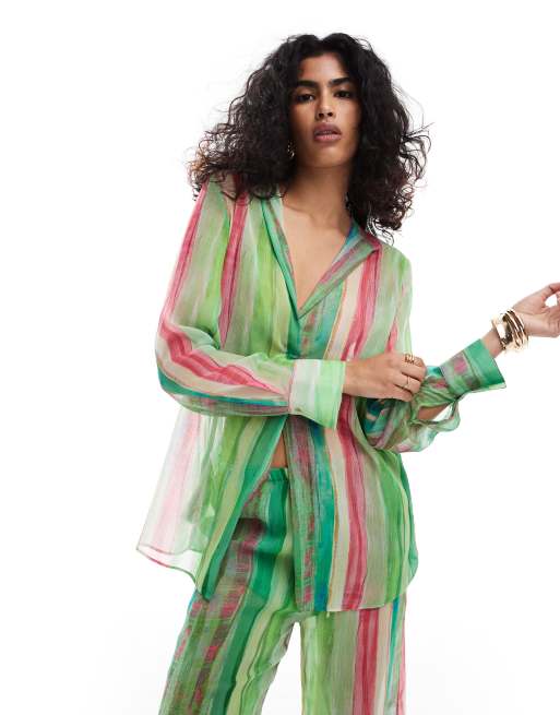 Camisa playera a rayas verdes y rosas de Mango (parte de un conjunto)