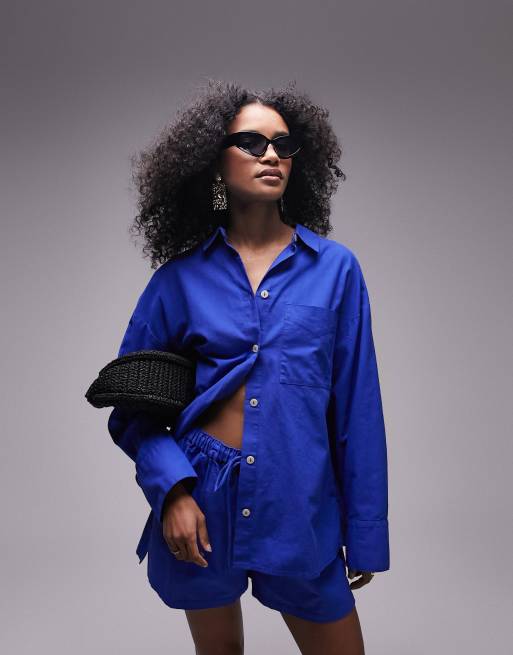 Camisa playera azul de mezcla de lino de Topshop (parte de un conjunto)