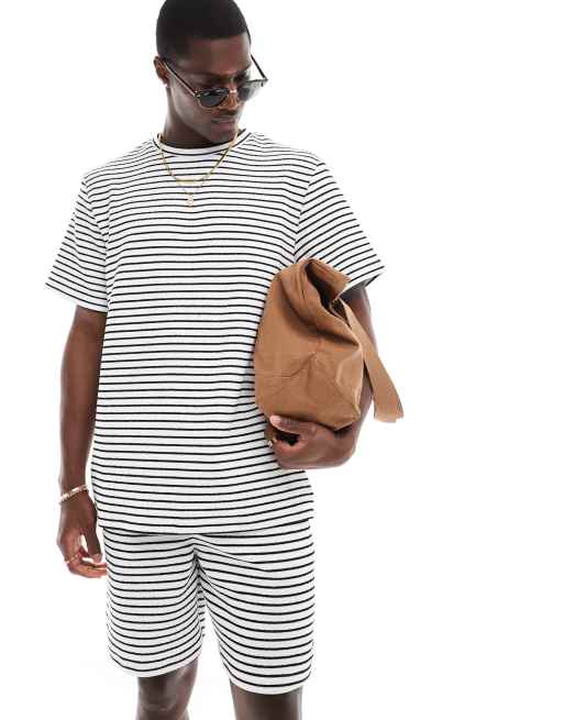 Camisa playera blanca y negra a rayas texturizadas de South Beach (parte de un conjunto)