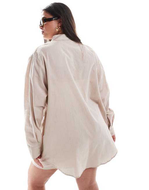 Camisa playera color avena extragrande de manga larga de tejido texturizado exclusiva de Esmée Curve, 4 de 4