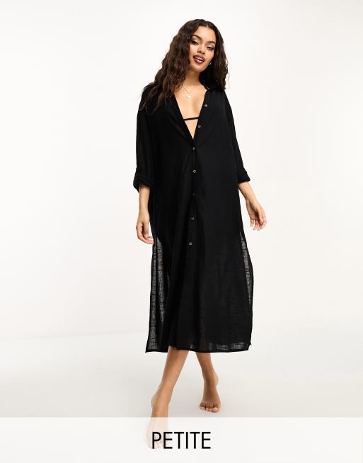 Camisa playera larga negra de tejido efecto lino de Miss Selfridge Petite 