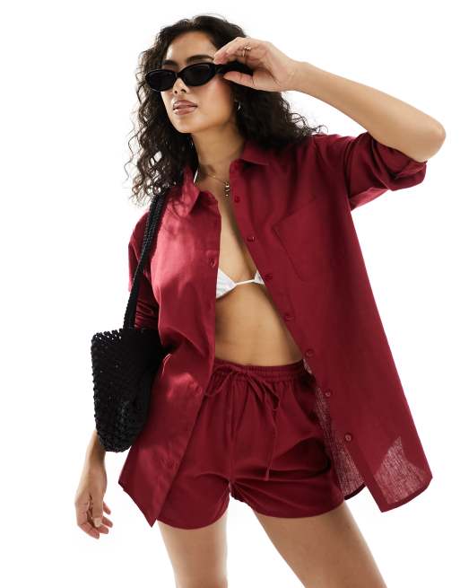 Camisa playera rojo baya extragrande de manga larga de lino de Esmée (parte de un conjunto) 