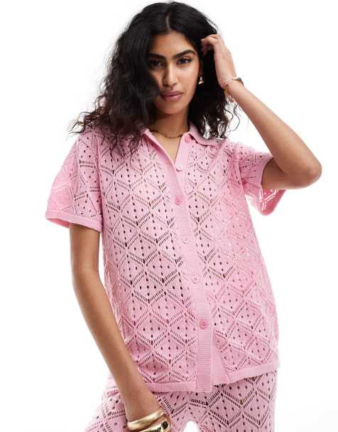 Camisa playera rosa chicle con hombros caídos de croché Hibiscus de The Frolic (parte de un conjunto) - view 1