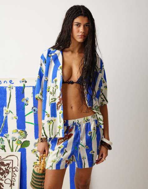 Camisa resort azul con estampado variado de lino de Topshop (parte de un conjunto) - view 1