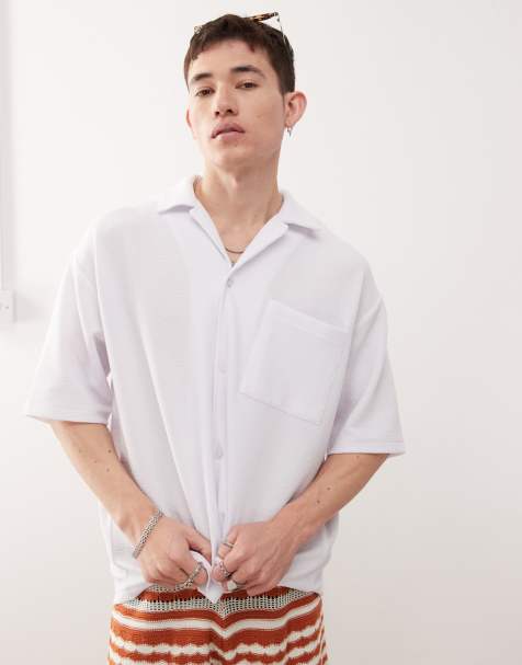 Camisa resort blanca de corte cuadrado y manga corta de punto texturizado de Reclaimed Vintage - view 1
