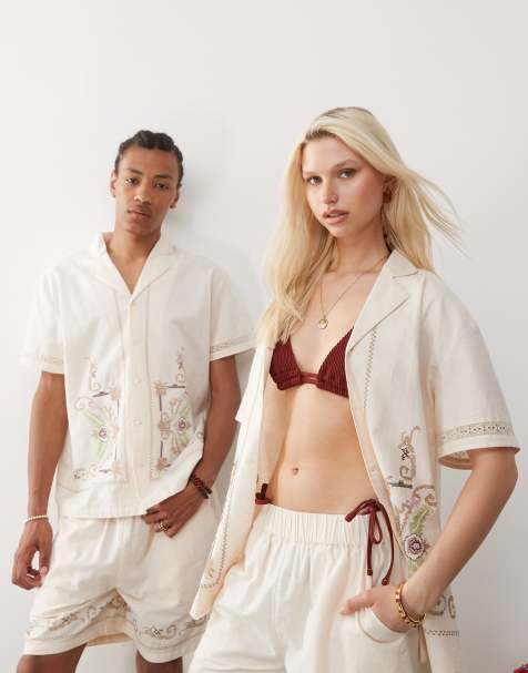 Camisa resort color crema unisex de manga corta con bordados florales de edición limitada de Reclaimed Vintage - view 1