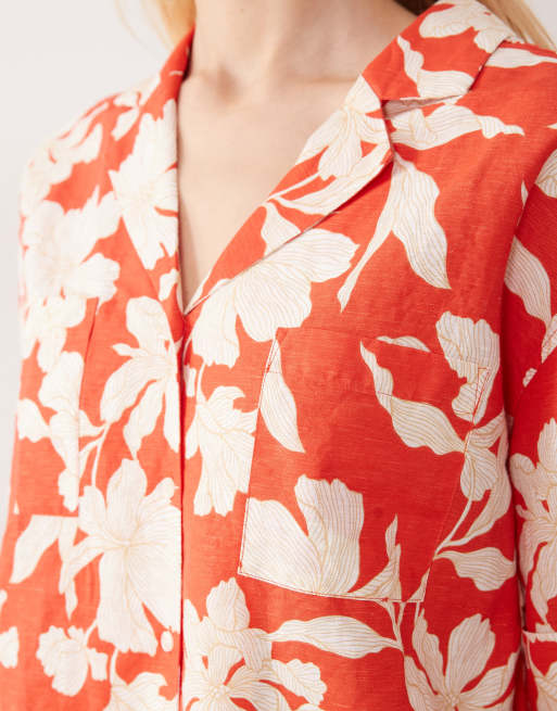 Camisa roja de corte cuadrado con estampado floral de mezcla de lino de GANT, 4 de 4