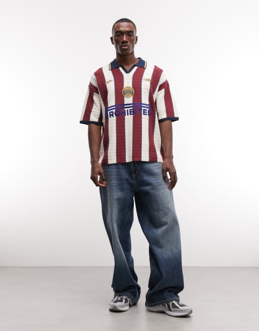 Camisa roja multicolor a rayas de estilo futbolero de punto de Prohibited, 2 de 5
