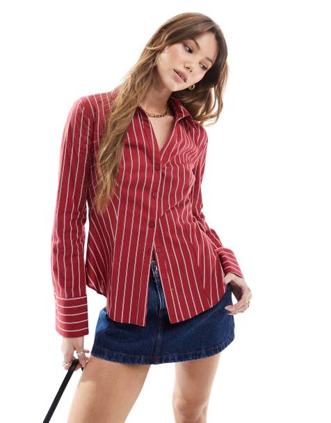 Camisa rojo cereza entallada a rayas anchas de Miss Selfridge - view 1