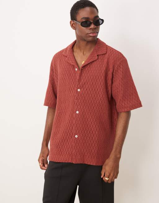 Camisa rojo oscuro de punto calado de algodón de Mango