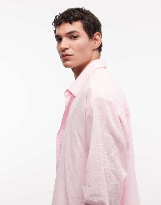 Camisa rosa a cuadros texturizados de corte cuadrado extragrande y manga larga de COLLUSION, 4 de 5