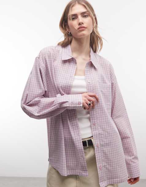Camisa rosa con estampado de cuadrícula de corte cuadrado extragrande y manga larga de COLLUSION - view 1
