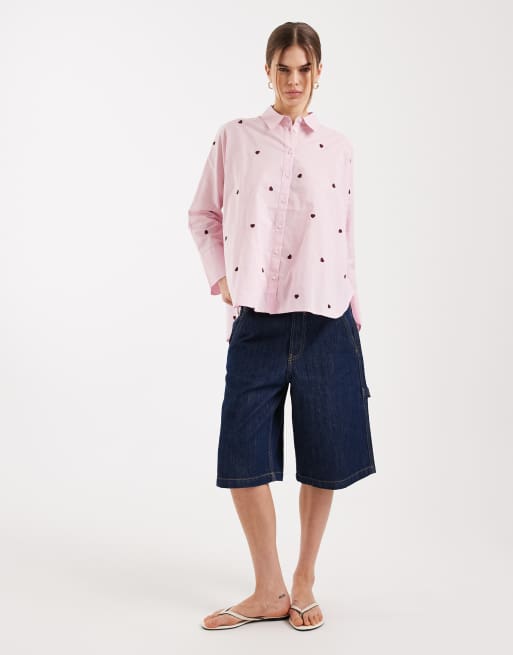 Camisa rosa de corte cuadrado con corazones bordados de ONLY, 2 de 4