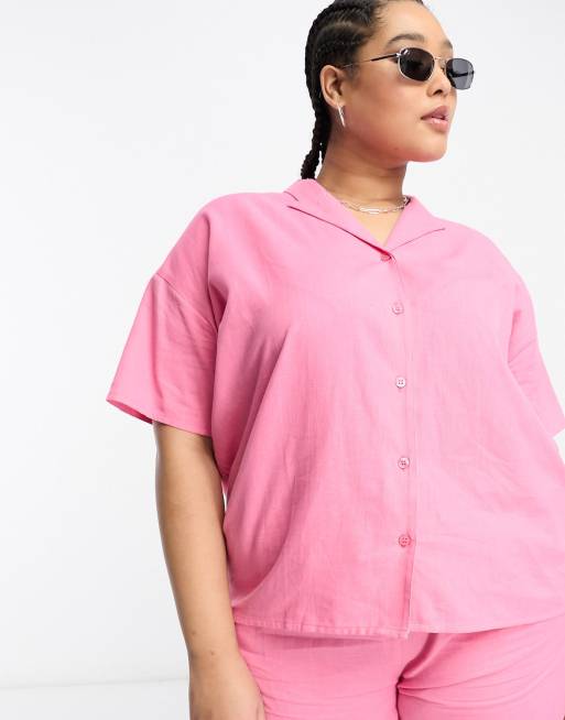 Camisa rosa de corte cuadrado holgado de lino de Daisy Street Plus (parte de un conjunto)