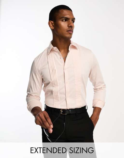 Camisa rosa pálido de corte slim con detalle plisado en la parte delantera de satén de ASOS DESIGN Wedding