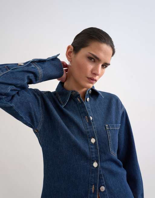 Camisa vaquera azul añil con cintura marcada de Topshop