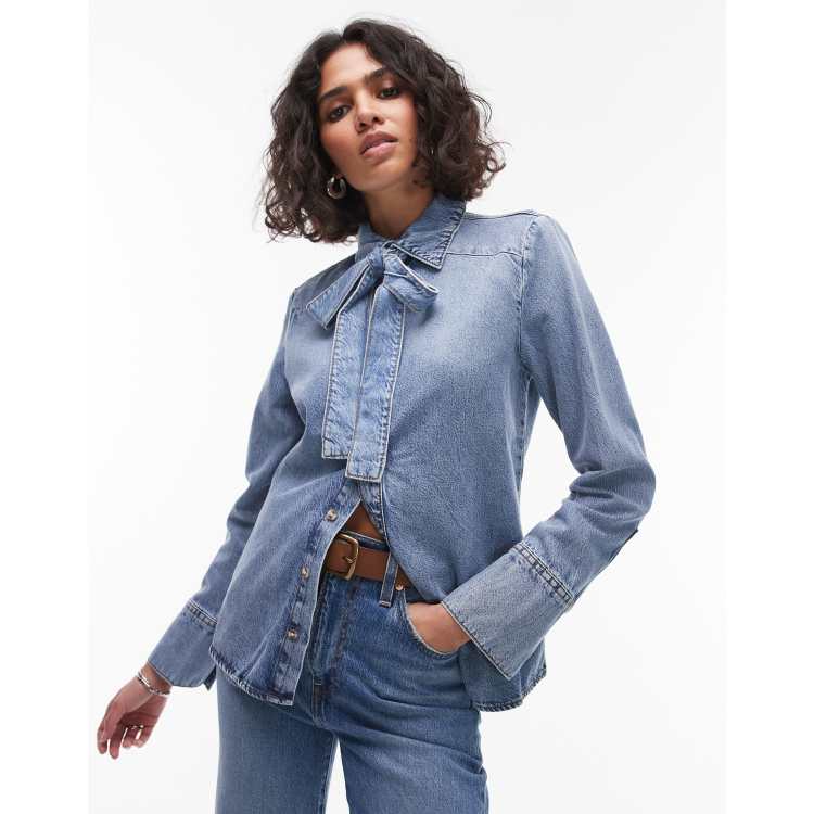 Camisa vaquera azul con detalle de lazada de Mango ASOS