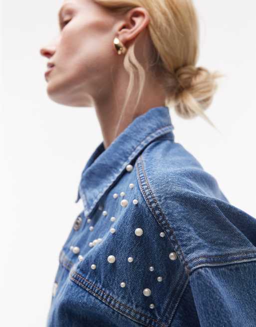 Denim Camisa Con Perlas Mujer Camisa Vaquera Azul Medio Con