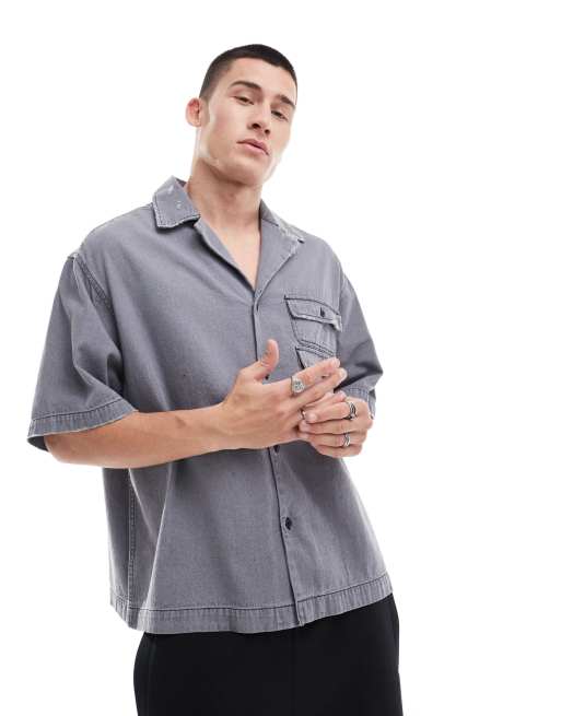Camisa vaquera corta gris de corte cuadrado extragrande con cuello de solapas de ASOS DESIGN