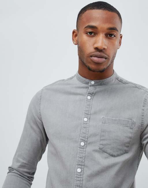 Camisa vaquera de corte slim elástico en gris claro de ASOS DESIGN