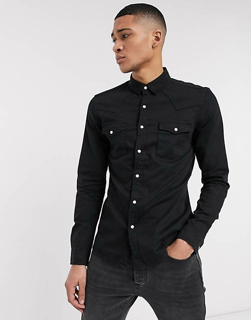 Camisa vaquera en tejido orgánico de corte ajustado estilo western en negro de ASOS DESIGN