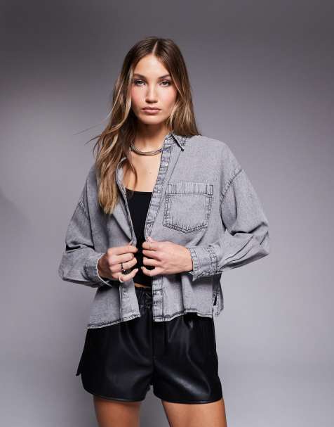Camisa vaquera gris oscuro con diseño recortado de River Island - view 1