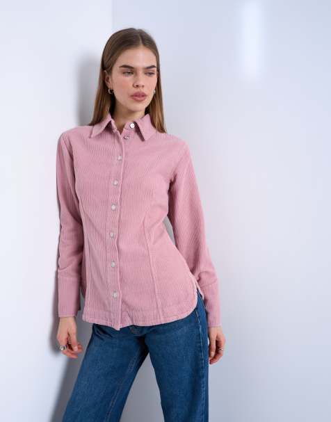 Camisa vaquera rosa con cuello de estilo años 70 de pana de Topshop - view 1