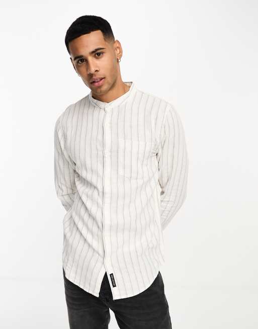 Camisa veraniega blanca a rayas con cuello mao de lino de Hollister ClassicfuncenterShops