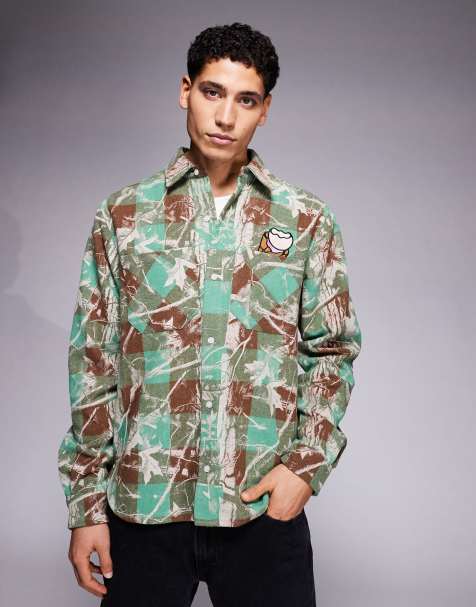 Camisa verde a cuadros de manga larga con estampado de camuflaje de árboles de ICECREAM - view 1