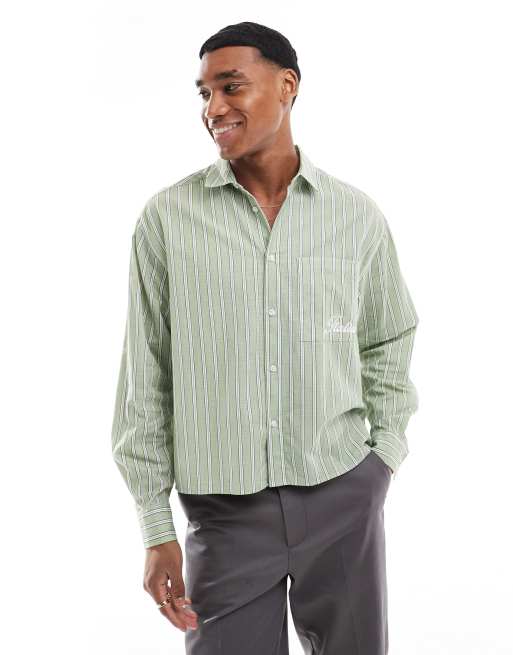 Camisa verde a rayas de corte cuadrado extragrande con bolsillo bordado de ASOS DESIGN 