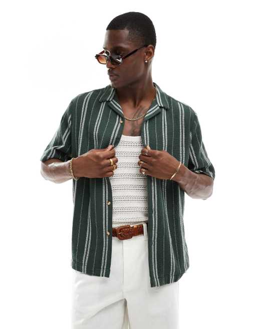 Camisa verde a rayas de corte cuadrado holgado con cuello de solapas de tejido de panamá de ASOS DESIGN