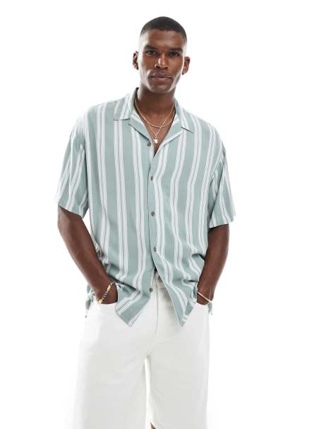 Camisa verde claro a rayas de manga corta con cuello de solapas de Jack & Jones - view 1