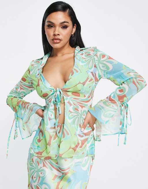 Camisa verde con estampado ondulado de chifón de ASOS DESIGN (parte de un conjunto)