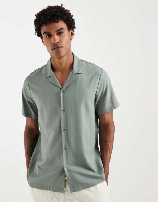 Camisa verde descolorido de manga corta de tejido efecto lino de South Beach