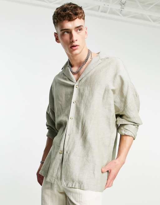 Camisa verde extragrande con hombros caídos y cuello de solapas de mezcla lino de ASOS DESIGN