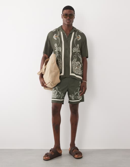 Camisa verde holgada con ribetes estampados y cuello de solapas de ASOS DESIGN (parte de un conjunto), 2 de 9