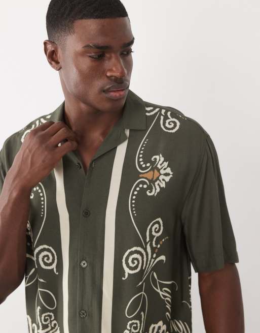 Camisa verde holgada con ribetes estampados y cuello de solapas de ASOS DESIGN (parte de un conjunto), 3 de 9