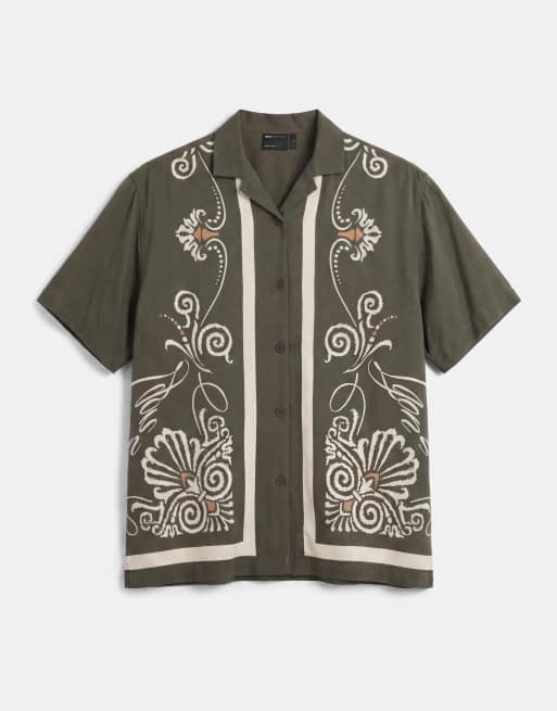Camisa verde holgada con ribetes estampados y cuello de solapas de ASOS DESIGN (parte de un conjunto), 6 de 9