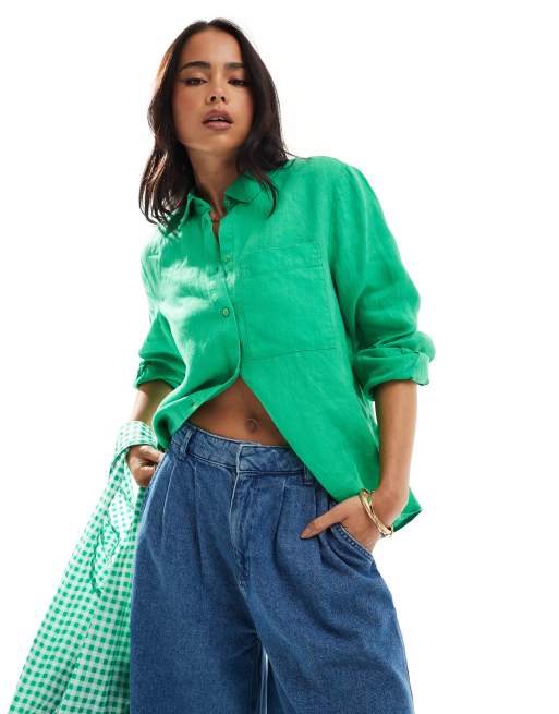 Camisa verde holgada de lino de Mango ASOS