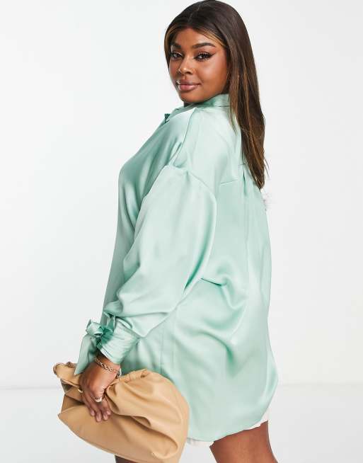 Camisa verde jade extragrande con lazadas en los pu os de sat n de