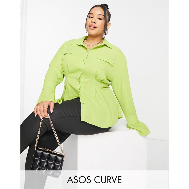 Camisa verde lima pastel de manga larga con detalle de costuras tipo corsé  en la cintura de ASOS DESIGN Curve | ASOS
