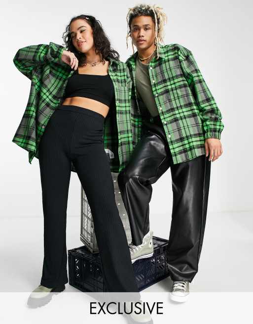 Camisa verde luminoso a cuadros de corte extragrande de tejido grueso cepillado de COLLUSION Unisex