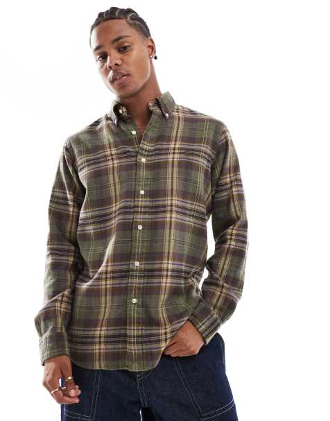 Camisa verde oliva y marrón a cuadros con logo de franela cepillada Icon de Polo Ralph Lauren - view 1