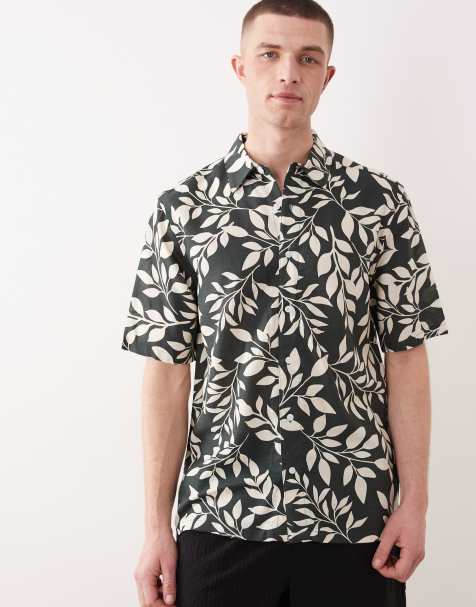 Camisa verde oscuro de manga corta con estampado de hojas de mezcla de lino de ONLY & SONS - view 1