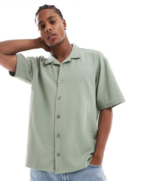 Camisa verde salvia a rayas texturizadas con cuello de solapas de Threadbare - view 1